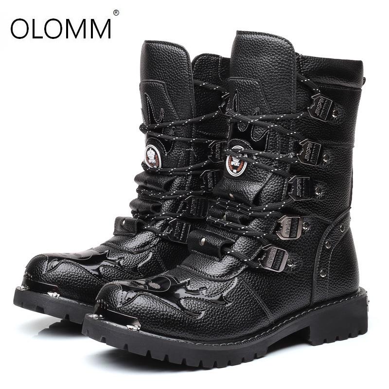Fashion Men Breathable Boots PU Leather Motorcycle Boots Punk Boots Warm Shoes Knight Boots Black Desert Combat Tactical Steel Toe Shoes