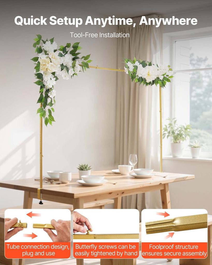 Over the Table Rod Stand with Clamps, Adjustable 71-249 Cm Length & 33-106 Cm Height, Table Arch Stand with Floral Accessories, Gold Balloon Frame for