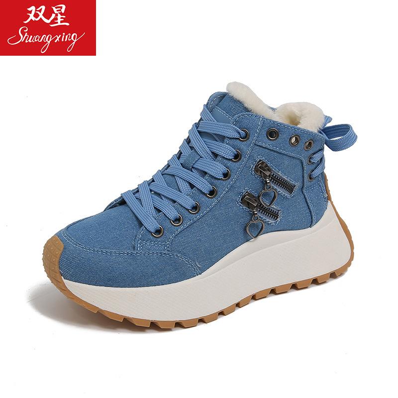 

2025 Winter Women s Platform Sports Shoes High Quality Cowboy High Top Boot Fur Warm Thick Sole Women Casual Shoes Zapatos Mujer 35 джинсовый синий