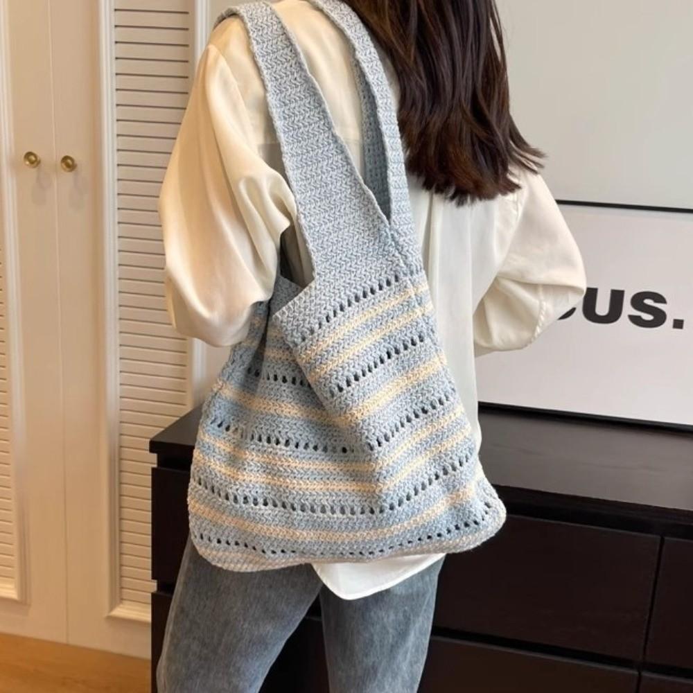 Striped Pattern Woven Shoulder Bag Bohemian Hollow Out Beach Bag New Knitted Tote Bag  Versatile