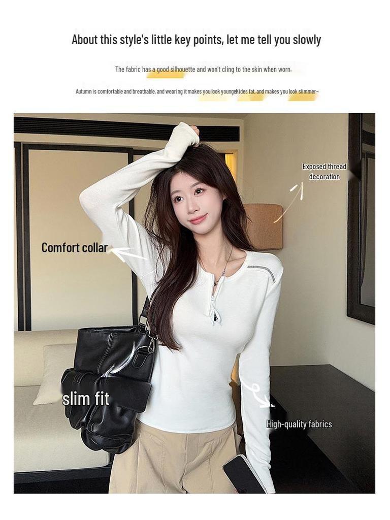 Stylish Korean Slim-Fit Half-Zip Long-Sleeve Top: Trendy, Figure-Flattering, Versatile Autumn/Winter Base Layer.