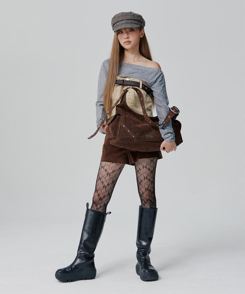Peanut Loop Stud Buckle Suede Bag Brown