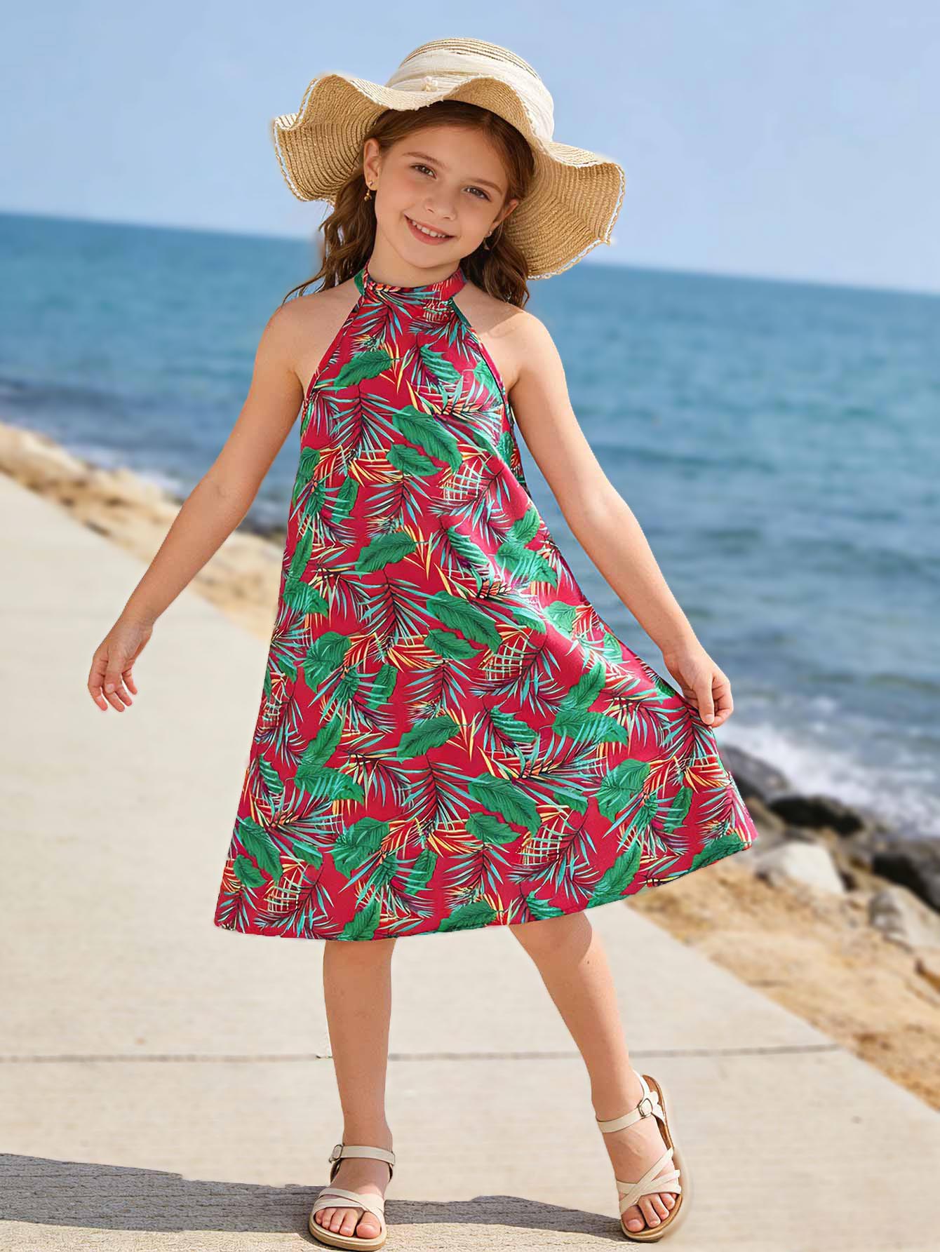 

Girls Halter Neck Summer Dress Kids Leaf Print Sleeveless Belted Casual Sundress 5-14Y 5-6Y разноцветный
