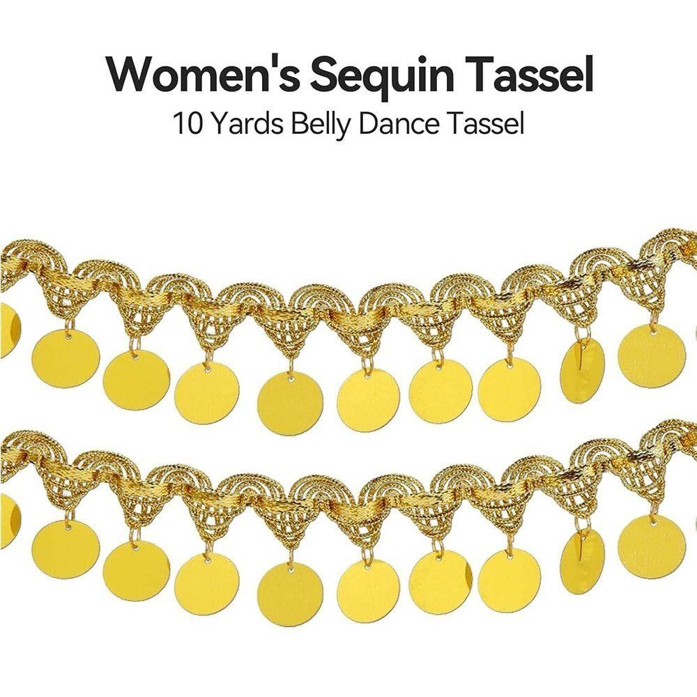 Shiny Tassel Belly Dance Waist Chain Golden Pendant Sequins Lace Trim  Stage Costume