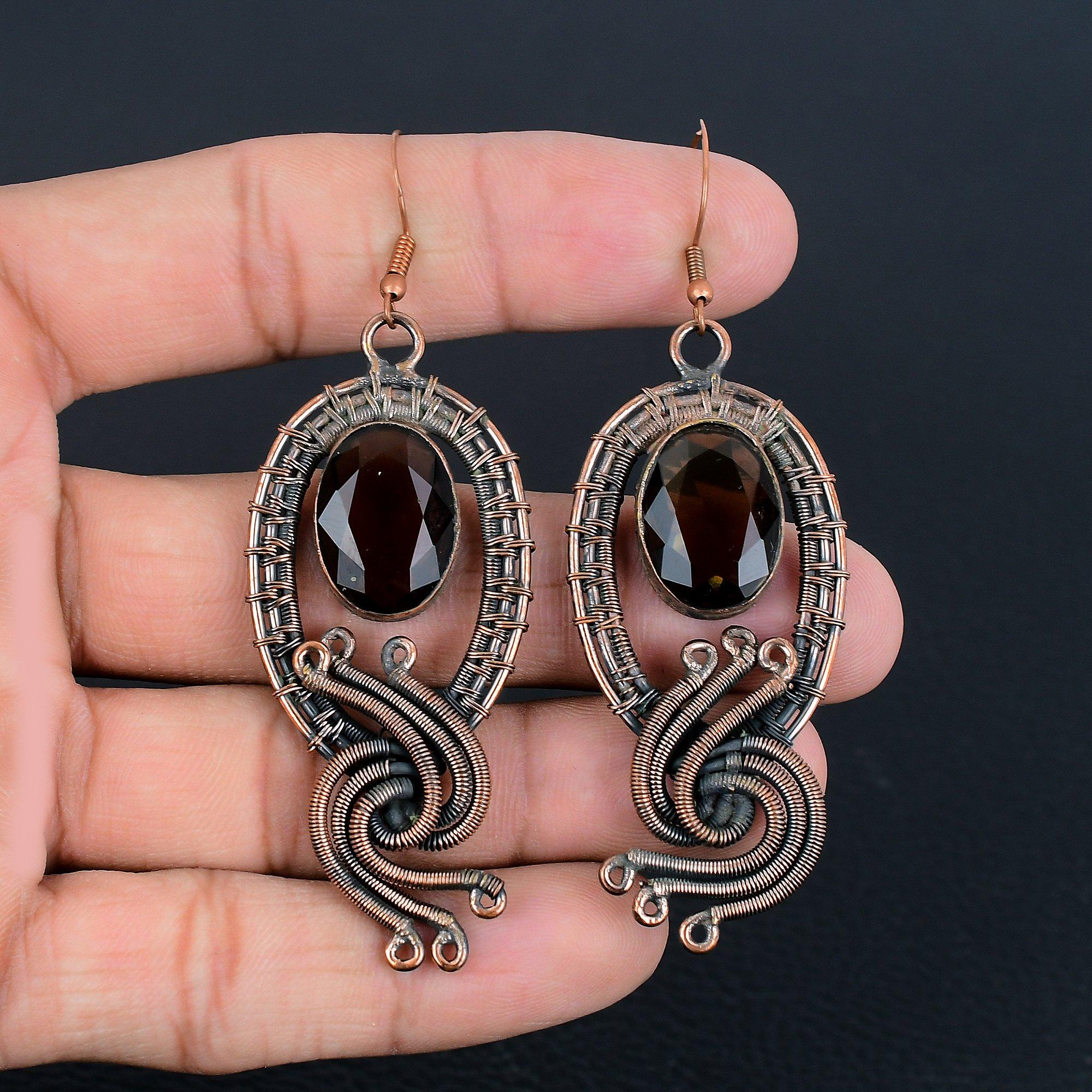 

Серьги с дымчатым топазом, ювелирные изделия с драгоценными камнями, серьги ручной работы, обернутые медной проволокой 999 пробы, ювелирные изделия новейшего дизайна 2.55 Inches