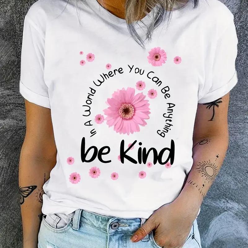 Flowers & Letter Print T-shirt Casual Crew Neck Short Sleeve Be Kind T-shirt Women's Clothing Soft Tee Shirt Street T Shirt