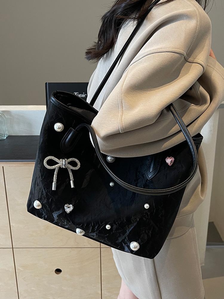 Pu Leather Large Capacity Women's Handbags Sweet Bow Pearl Decorati Ladies Shoulder Bag Portable Solid Color Female Tote Bag