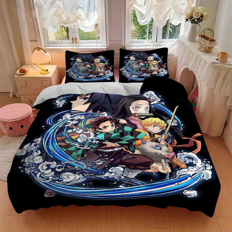 3pcs Demon Slayer Anime Printed Bedding Set, Soft and Comfortable Quilt Cover for Bedroom, Guest Room L034