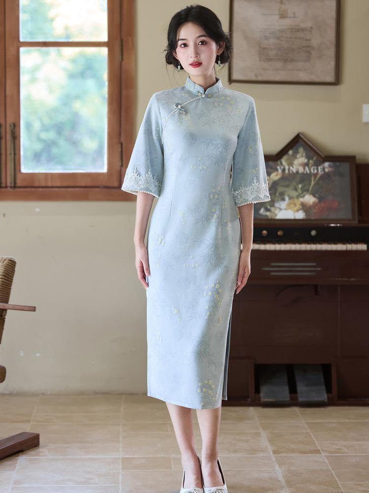 Bei Zhi Yun Blue Inverted Large Sleeve Suede Cheongsam - 2025 Autumn Collection