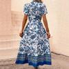 Blue Retro Ethnic Print Vacation Casual Slim Waist Dress Women's Fashion Hot Selling Crossbody Apparel