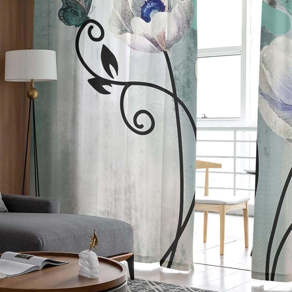 Aquarell Blume Schmetterling Tüll Vorhänge für Wohnzimmer Sheer Vorhang für Schlafzimmer Küche Jalousien Voile Vorhänge