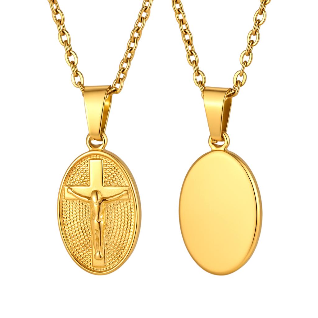 Stainless Steel Jesus Cross Oval Pendant Necklace for Women, Anti Tarnish Religious Prayer Communion Jewelry Gift