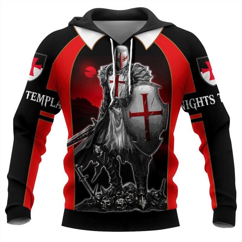 Mens Hooded Sweatshirt With 3D Digital Knight Print Loose Fit Hip Hop Style Fall