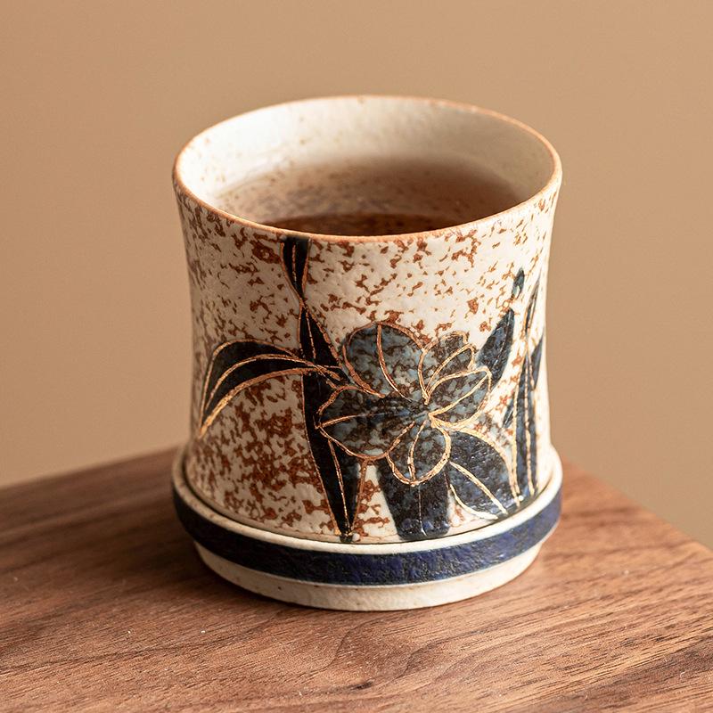 

High-End Large Ceramic Teacup - Hand-Painted Blue, White & Flint Red Lily Design, Rotating for Tea Drinking & Tasting 85ml
