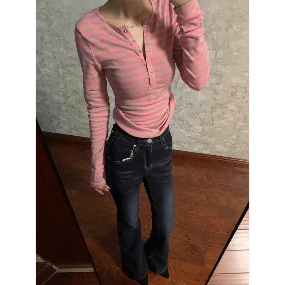 2026 Spring Autumn Women's Slim Fit Color Block Striped Long Sleeve T-shirt: Waist-Cinching Base Top