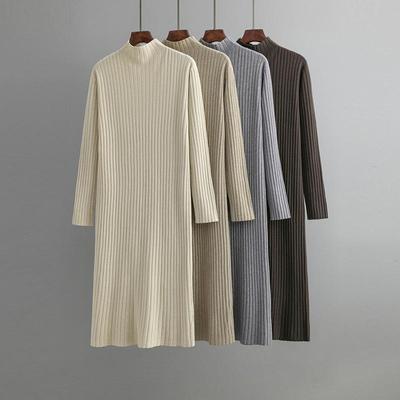 Women Autumn Winter Half High Collar Solid Color Long Sleeve Temperament Sweater Dress