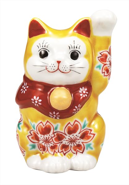 

Kutani Ware Iwataya Maneki Neko with Yellow Glaze and Cherry 3.3-inch Blossoms, K9-1570