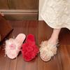 Fashion Fairy Style Plush Shoes Women's 2025 Autumn Winter Fashion Flower Warm Slippers Comfortable Short Plush Slides Pink Red Khaki