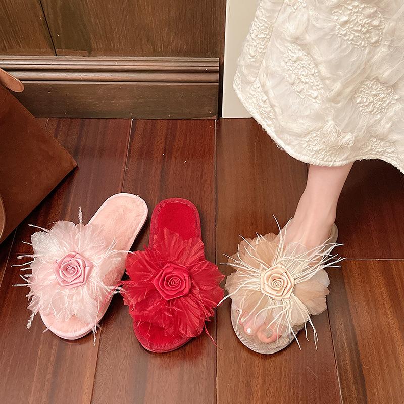 Fashion Fairy Style Plush Shoes Women's 2025 Autumn Winter Fashion Flower Warm Slippers Comfortable Short Plush Slides Pink Red Khaki