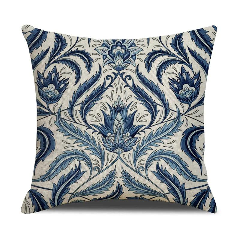 Chinese retro style blue and white ceramic printed fabric linen cotton throw pillow wrapped sofa home decoration pillow