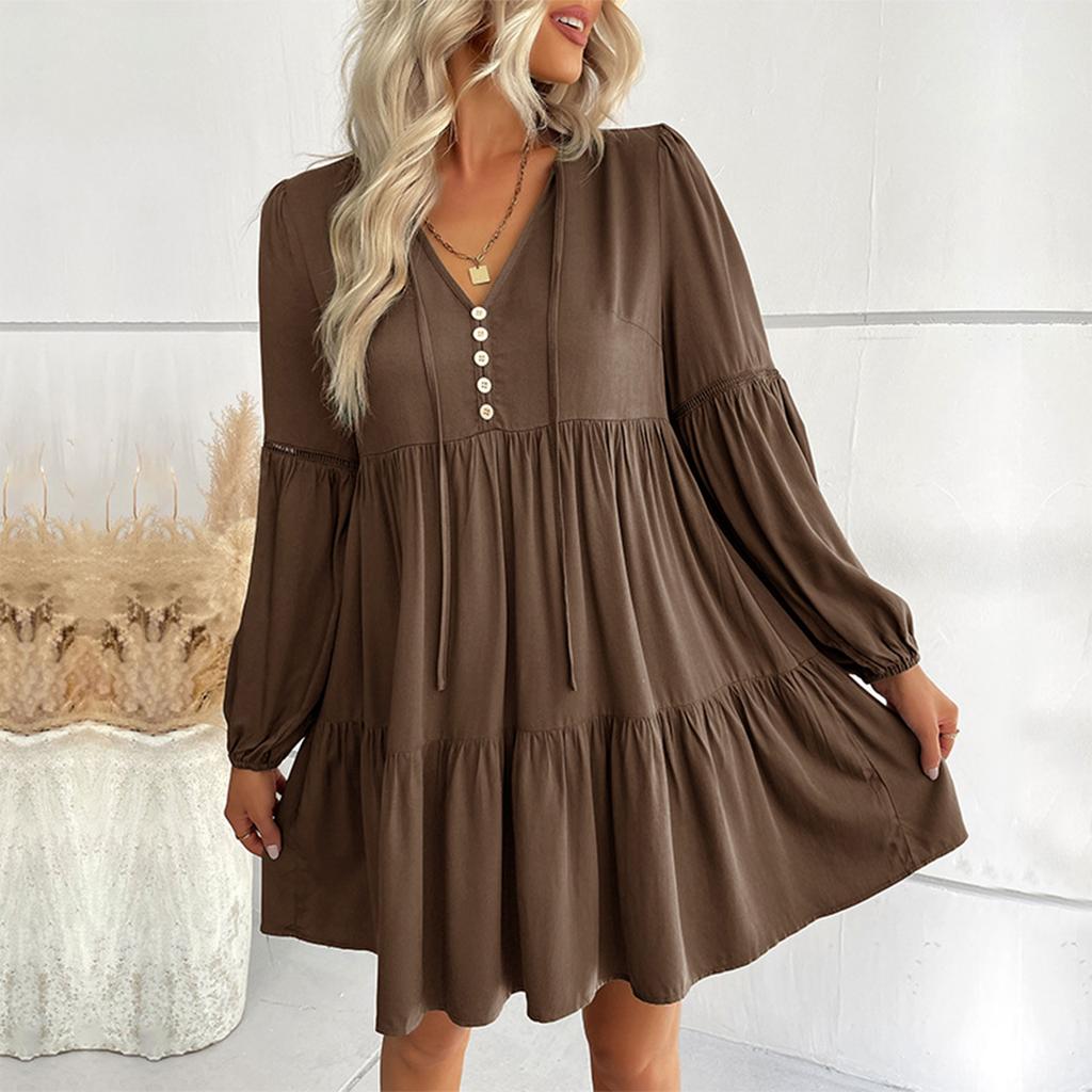 Women's Fashionable Solid Color Long Sleeved V-neck Pleated Casual Loose Dress