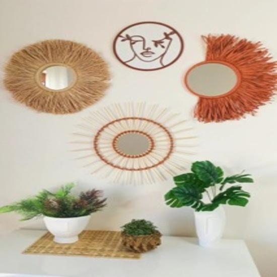 Tile Raffia & Bamboo Mirror & Bohemian Board Set of 4