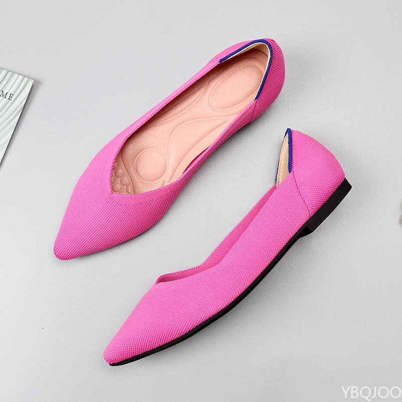 Fashion Breathable women's spring flat shoes pointed elastic knit daily casual  comfortable single shoes soft soled knit boat shoes