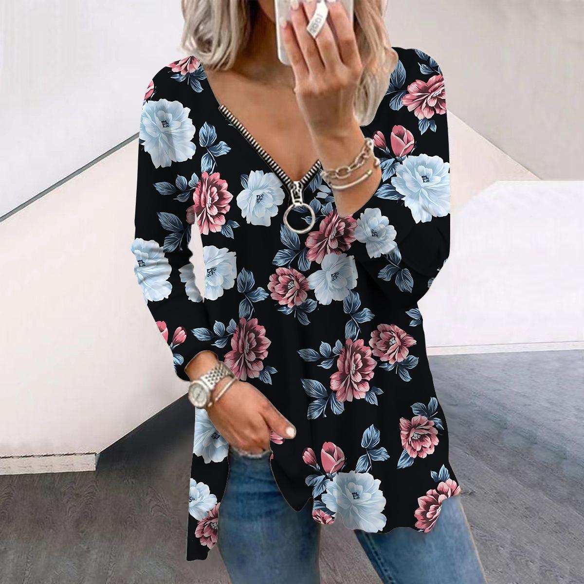 

Женские осенние цветочные синие красивые розовые футболки с длинным рукавом, свободные футболки с V-образным вырезом больших размеров, удобные блузки 8XL чёрный