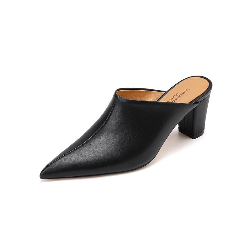 Módní letní dámské sandály Boty z pravé kůže pro ženy Špičatá špička Vysoký podpatek Dámské pantofle Krytá špička Robustní podpatek Dámské nazouváky