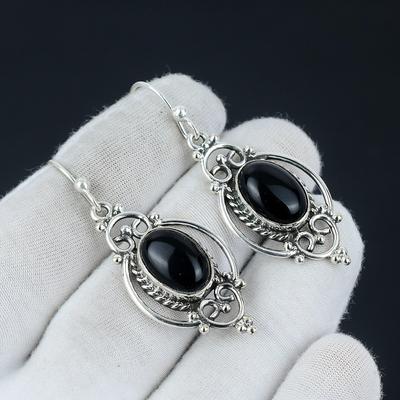 Natural Black Onyx Earring, Black Onyx Silver Earring, Oval Stone Earring, 925 Sterling Silver Earring, Gemstone Earring, Dangle Earring