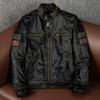 Men Genuine Leather Jacket Heavyweight Cowhide Biker Coat Stand Collar Stylish Casual Outerwear with Armor Pockets