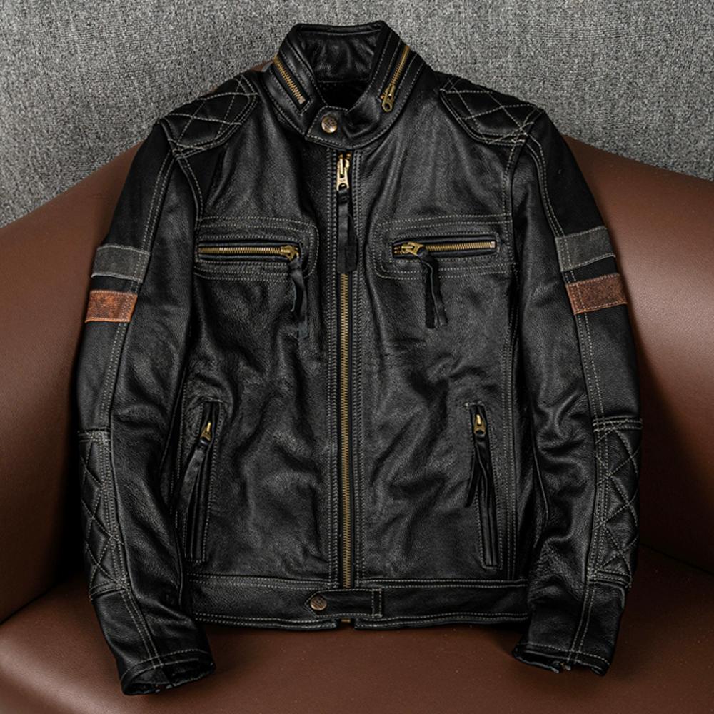 Men Genuine Leather Jacket Heavyweight Cowhide Biker Coat Stand Collar Stylish Casual Outerwear with Armor Pockets