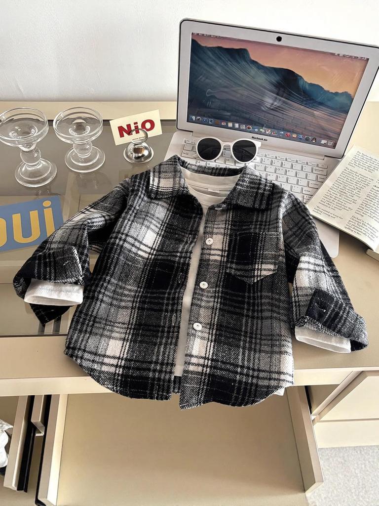 Kids' Retro Plaid Long-Sleeve Shirt with Lapel Collar - Unisex Autumn Cardigan Outerwear