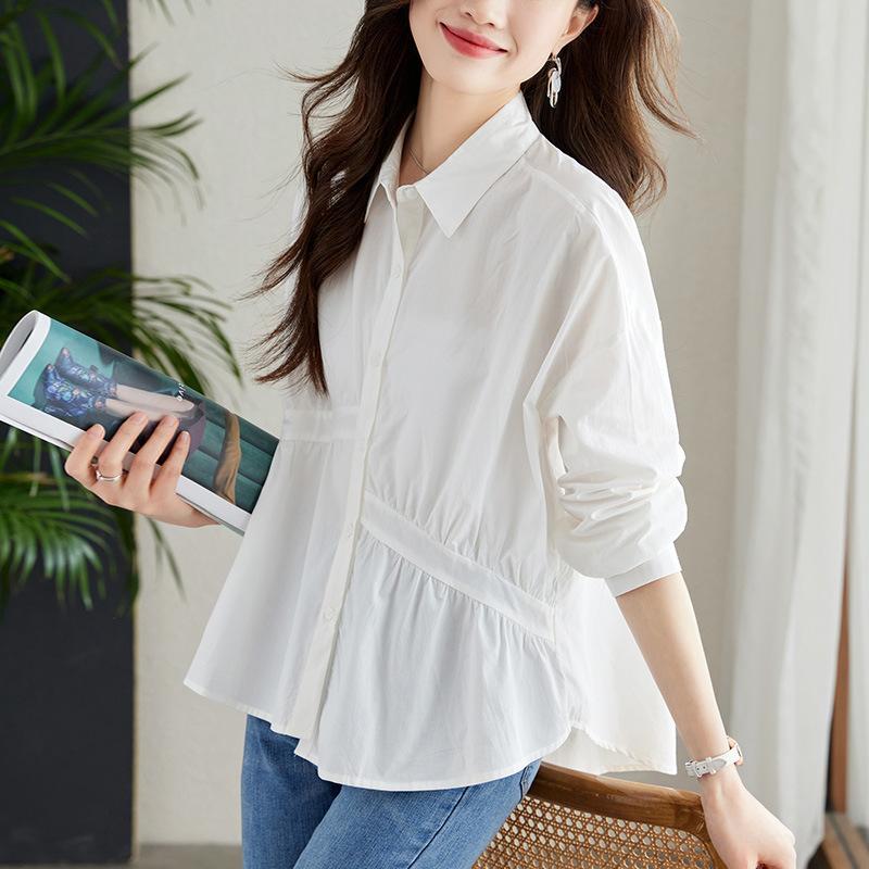 Asymmetric Pleated White Shirt Women's Long-sleeved New Loose Commuting Temperament Pure Cotton Top