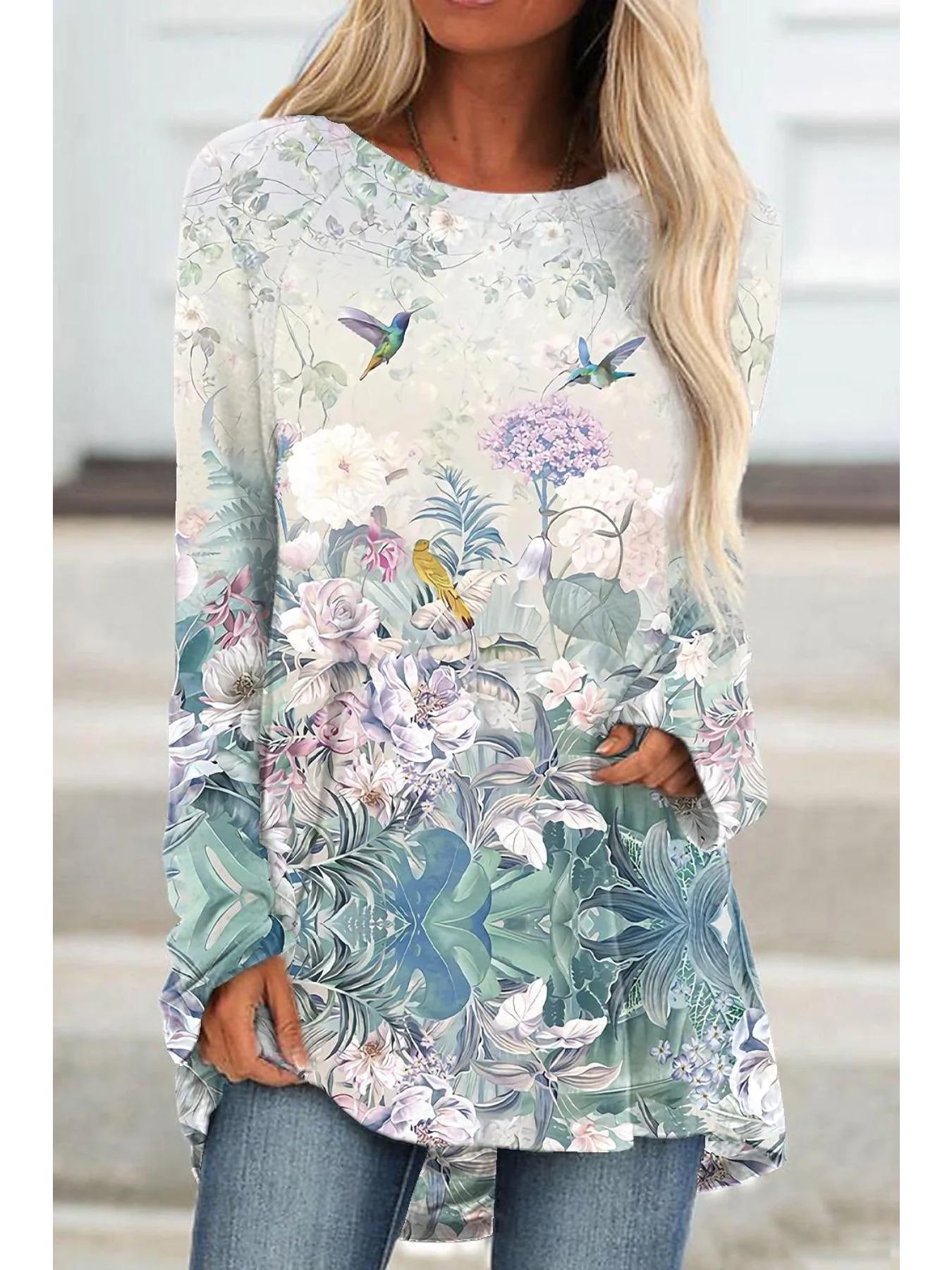 

Женская футболка больших размеров с цветочным принтом, удобная, с длинным рукавом и круглым вырезом, повседневная, свободного кроя, средней длины 8XL белый
