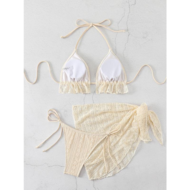 Women's 3 Piece Ruffle Halter Bikini Set Textured Triangle Top Lace Crochet Cover Up Skirt Sexy Summer Beach Hot Spring Bathing Suit Swimwear