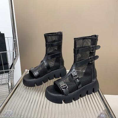 Mode Damen Coole Stiefel Mesh Atmungsaktiv Ausgeschnittene Stiefel Mode Mittelhohe Röhre Plateau Sandalen Sommer Peeptoe Damen Römische Coole Stiefel