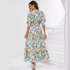 2025 Summer New Women's Batwing Sleeve Deep V Waist Trimming Printing Dress Beach Vacation Dress