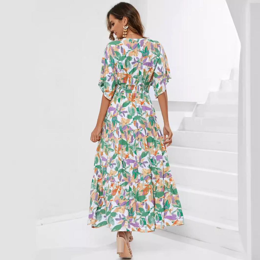 2025 Summer New Women's Batwing Sleeve Deep V Waist Trimming Printing Dress Beach Vacation Dress