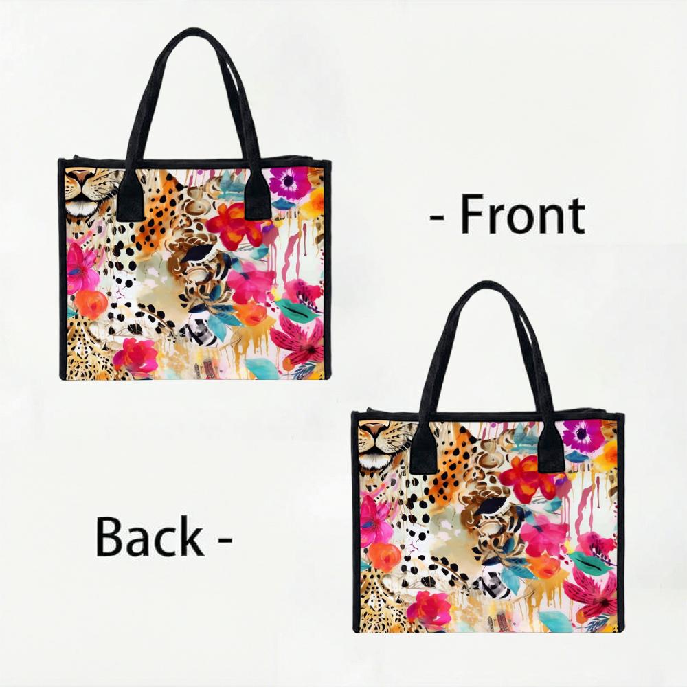 Floral Leopard Print Tote Bag Large Capacity Casual Canvas Shoulder Bag for Daily Shopping Travel
