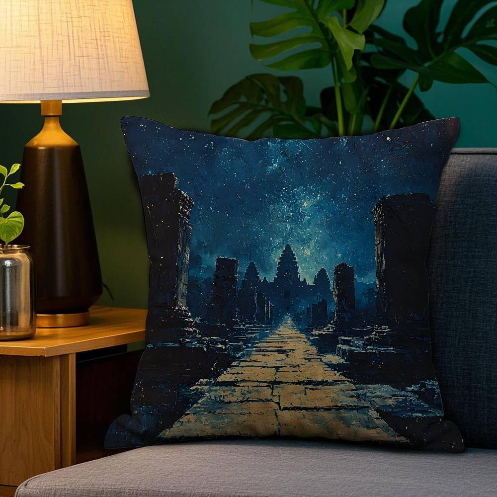Angkor Wat Pillow Case Anti-dustmite Pillowcase Invisible Zipper Silky Short Plush Sofa Cushion Cover