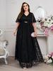 Elegant Navy Blue Lace Maxi Dress with V-Neck, Belted Waist, and Floral Embroidery