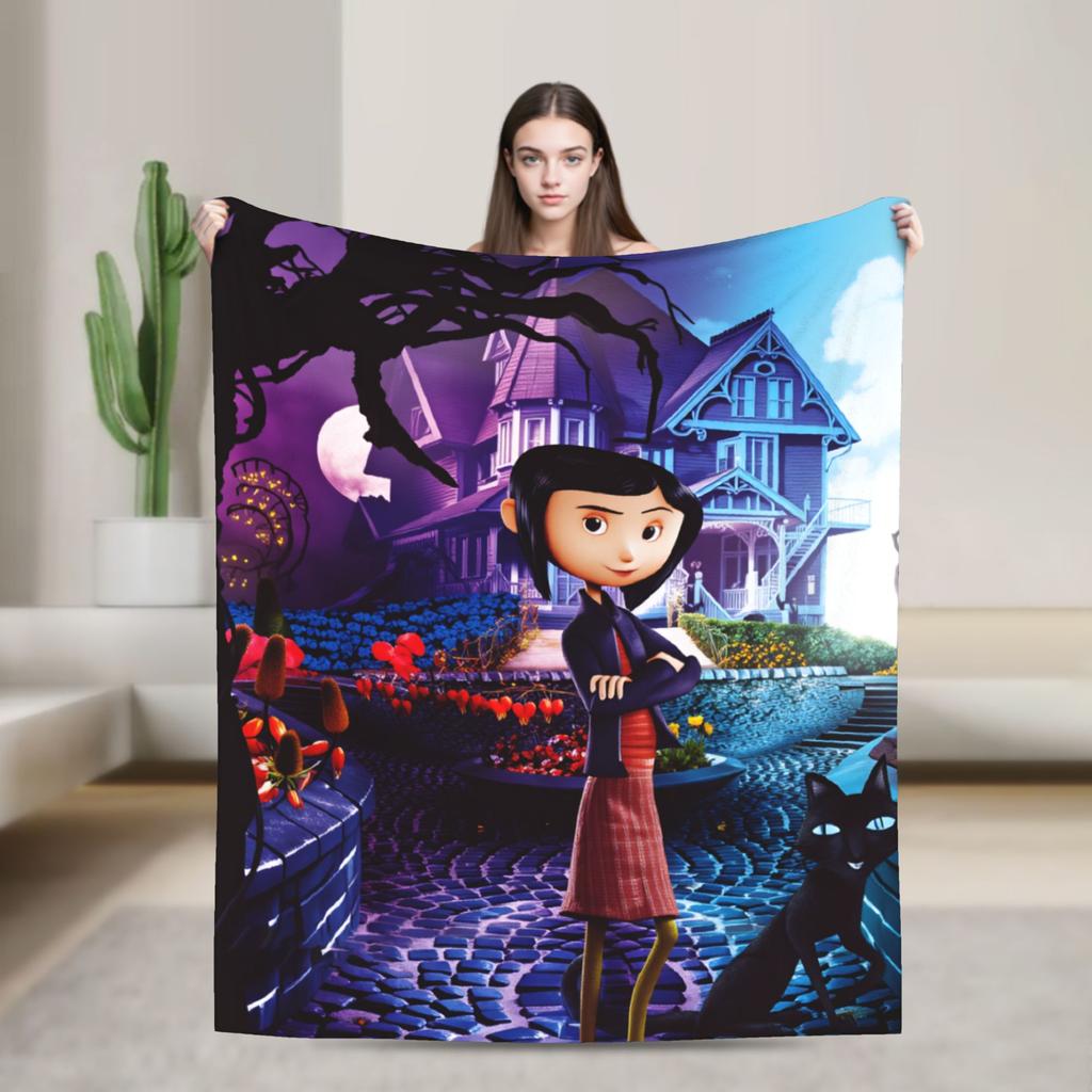 Coralines Animated Movie Blanket  Travel Flannel Throw Blanket For Living Room Warm Soft Custom DIY Quality Bedspread Gift Idea