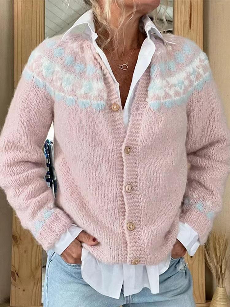 Women's Pink V-Neck Knit Cardigan with Jacquard Floral Pattern