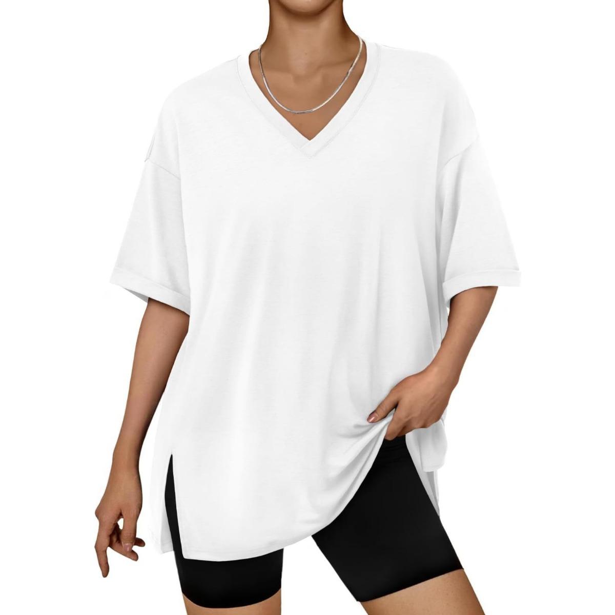 

Spring Summer Women s Solid V-Neck Short Sleeve Slit Pullover T-Shirt Top, Minimalist Casual Fashion S белый