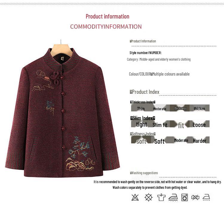 Embroidered Stand-Collar Tang Suit Top for Middle-Aged and Elderly Women, Plush-Lined Jacket for Spring, Autumn, and Winter.