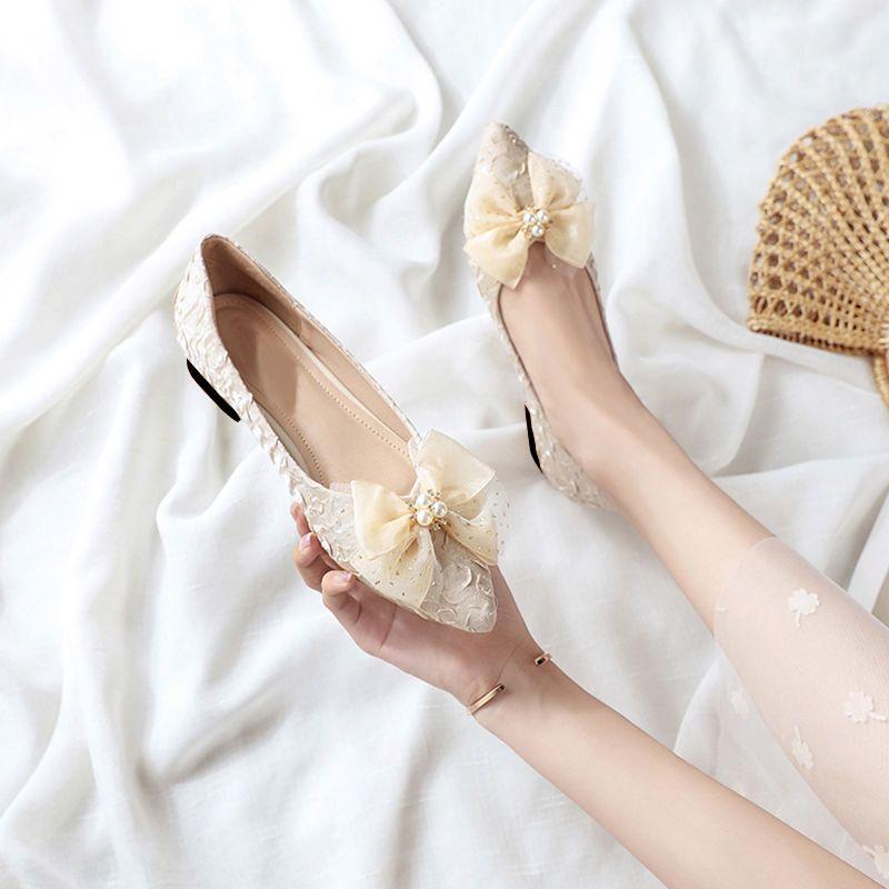 Fashion Lace Pearl With Bow Pointed Toe Women's Flat Shoes Popular Social Elegant 2025 Trend Korean Style Fashionable Ladies Footwear