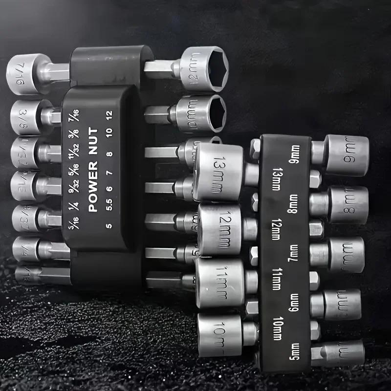 14 - Piece Magnetic Hex - Shank Screwdriver Socket Set with Extended Adapter, Polished Steel Nut Driver.