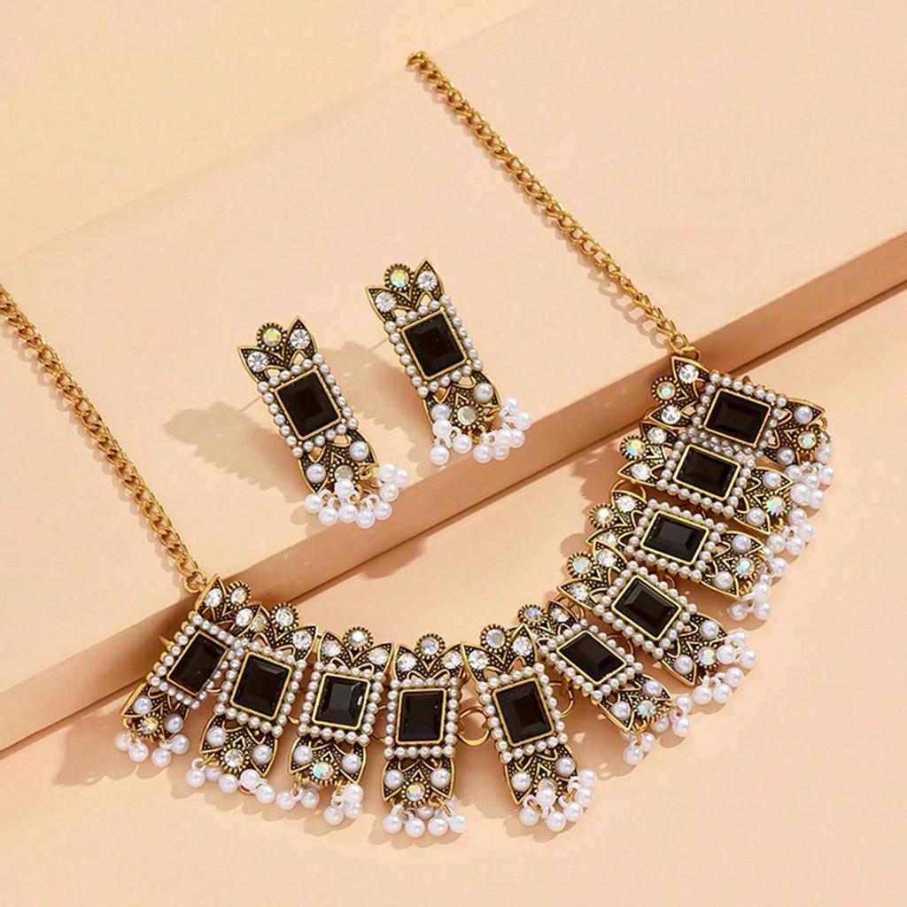 European Style Alloy Gemstone Necklace And Earrings Set With Artificial Pearl Dangles For Women