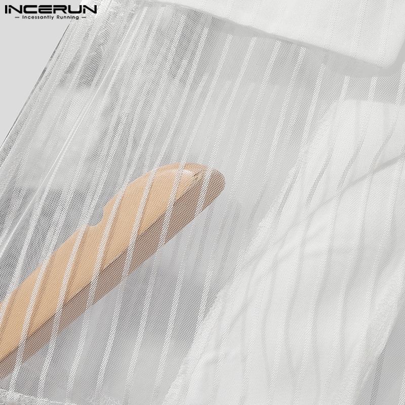 INCERUN Men Lapel Sleeveless Stitching One Button Striped See Through Waistcoats